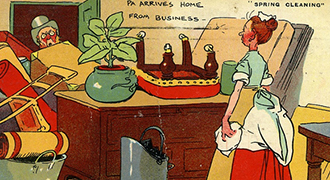 Carte postale vintage illustrée avec deux personnages dans une pièce sens dessus-dessous.
